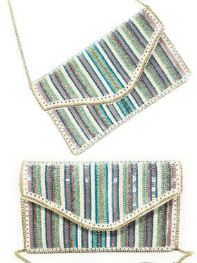 Surf Sand & Seaside Turquoise Beige Beaded Sequin Sparkle Clutch Crossbody Bag